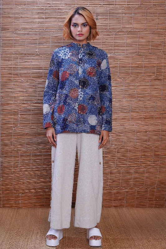 Hand block printed indigo reliable shirt for women-- Collared Crew Neck Turtle Neck