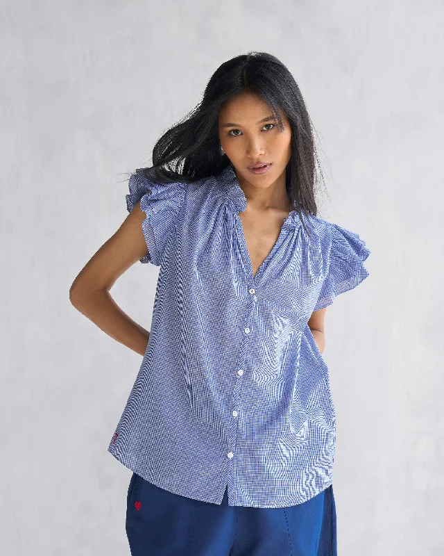 Ruffle Collar Shirt - Blue & White-- Rayon Velvet Corduroy