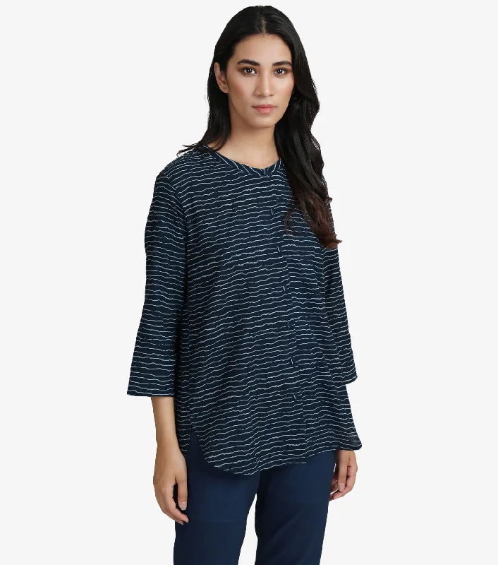 Blue cotton printed shirt-- Striped Floral Plaid