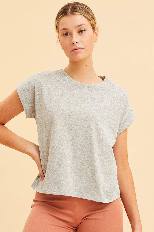 Grey Cropped T-Shirt Crew Neck Roll Sleeve Cotton-- Thin T-Shirt Open Front Quick Dry
