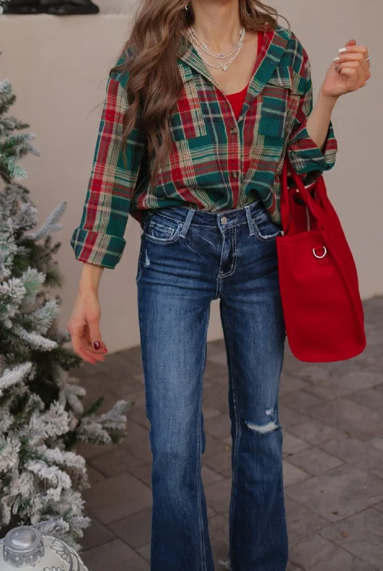 Mandy Plaid Button Up Long Sleeve Shirt-- Silk Blend Satin Velvet