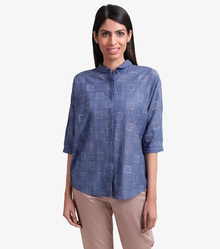 Blue khadi embroidered shirt-- Terry Blend Velvet Blend Canvas Blend