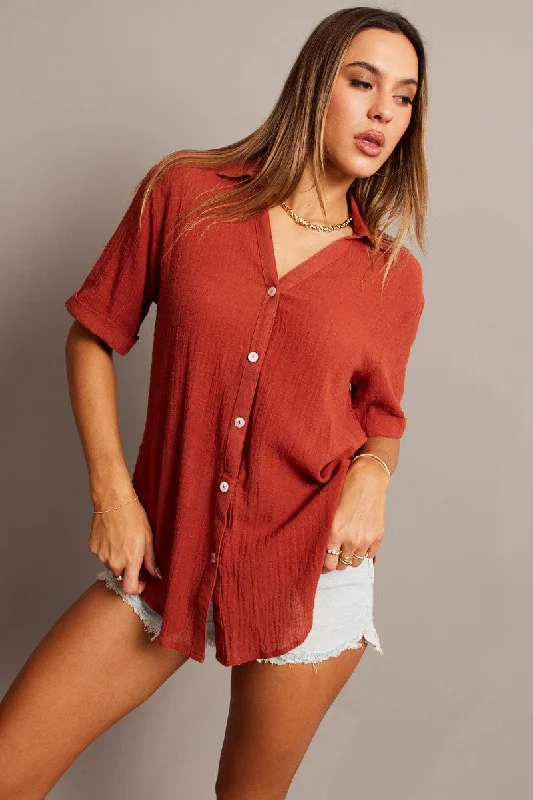 Brown Relaxed Shirt Short Sleeve-- Plaid T-Shirt Polka Dot Checkered