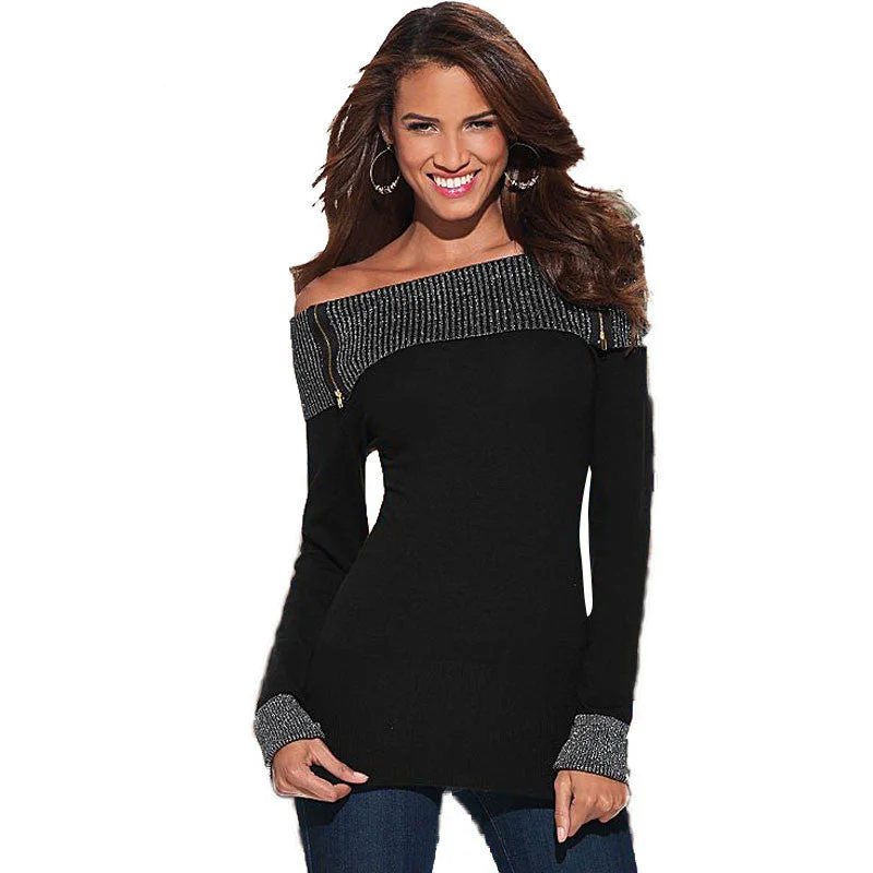 Fashion Long Sleeve Slash Neck T Shirt Women Black Off Shoulder Tops Silver line Patchwork Plus Size Tops-- Print Jacquard Patchwork Fashion Long Sleeve Slash Neck T Shirt Women Black Off Shoulder Tops Silver line Patchwork Plus Size Tops-- Print Jacquard Patchwork