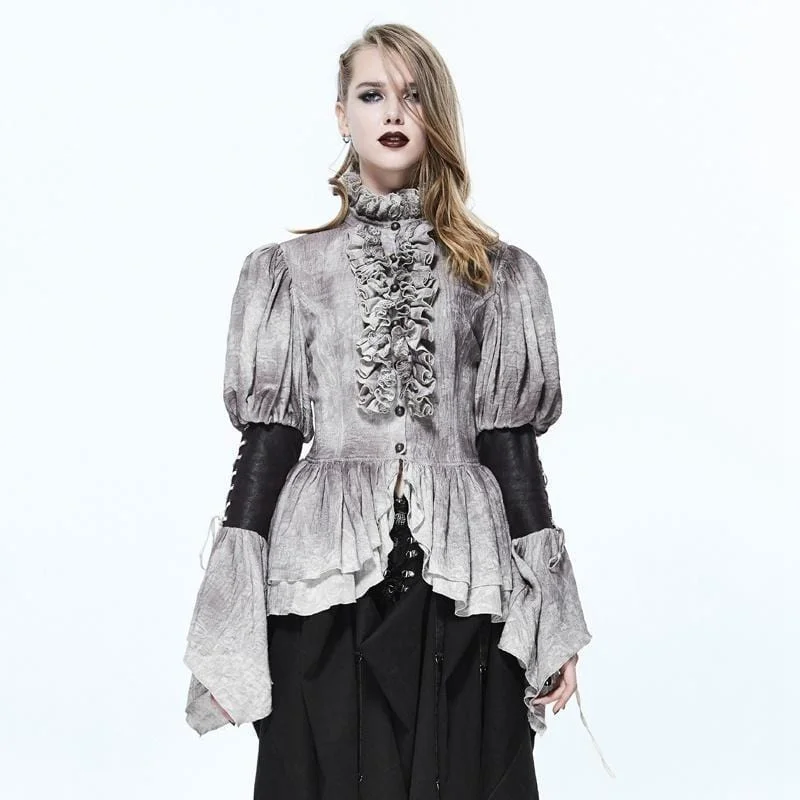 Women's Vintage Punk Frilled Shirt-- Mesh Blend Leather Blend Suede Blend