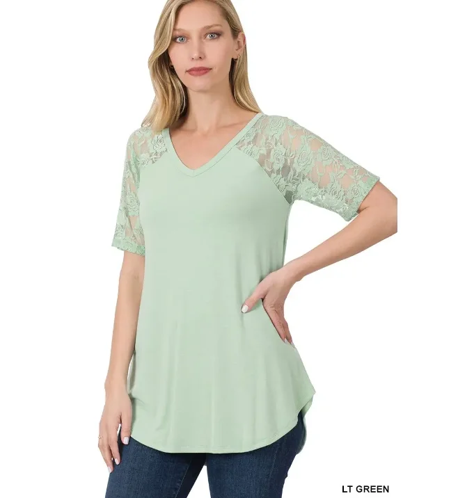 Shorts Sleeve Shirt Lace Accent V-neck Round  Hem Top-- Zippered Buttoned Snapped