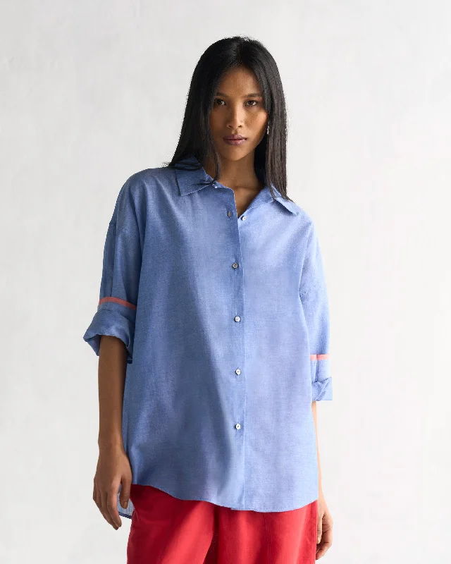 Oversized Shirt - Blue-- Solid Color Striped Floral