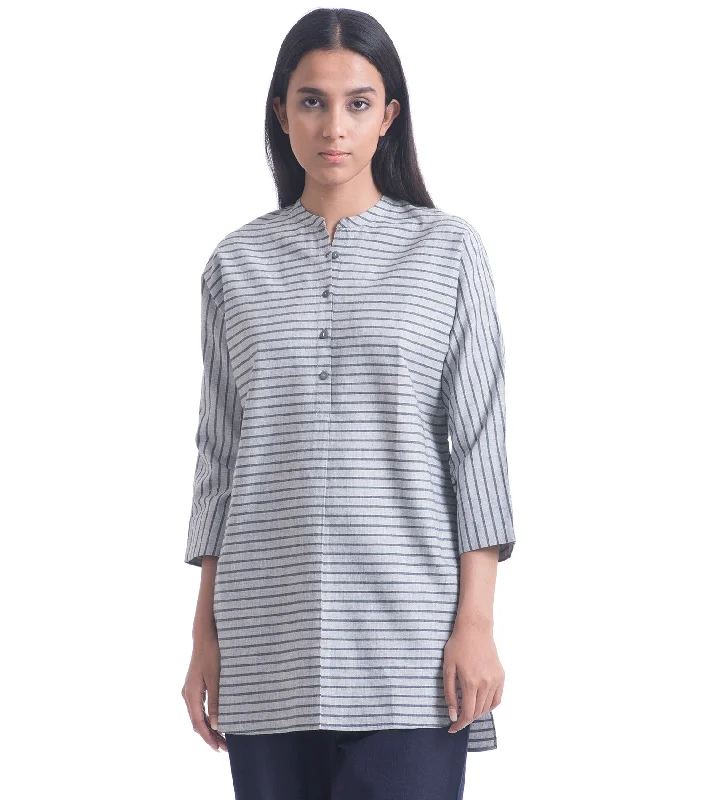 Grey Cotton Woven Shirt-- Asymmetrical Pockets Print