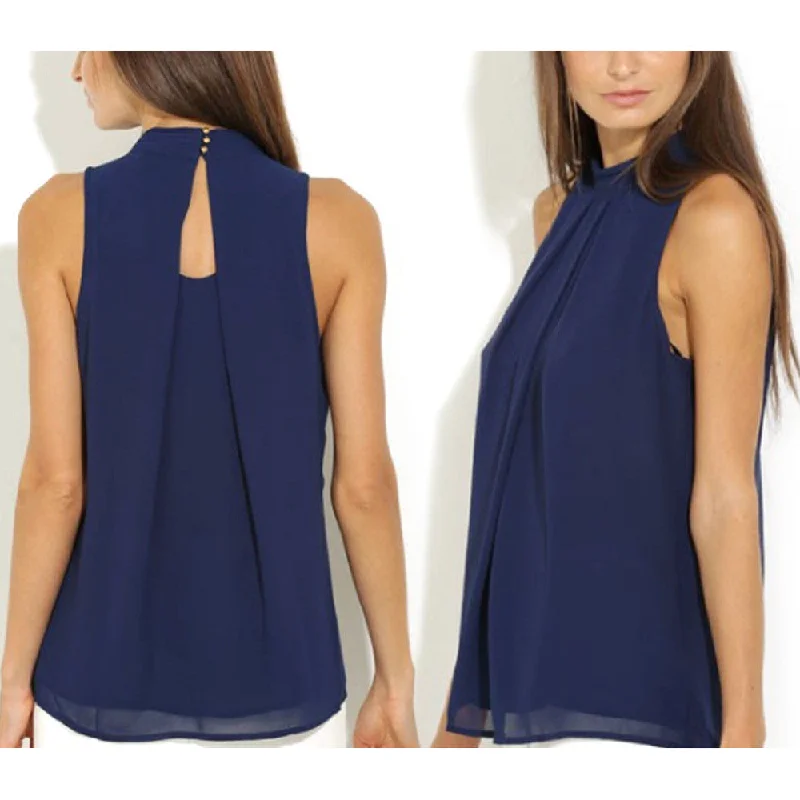 Fashion Womens Tank top Chiffon Casual T-shirt Vest Sleeveless Pleated Blue blouse shirt woman Button Back Vest W5-- Hooded Caped Shawl Collar Fashion Womens Tank top Chiffon Casual T-shirt Vest Sleeveless Pleated Blue blouse shirt woman Button Back Vest W5-- Hooded Caped Shawl Collar