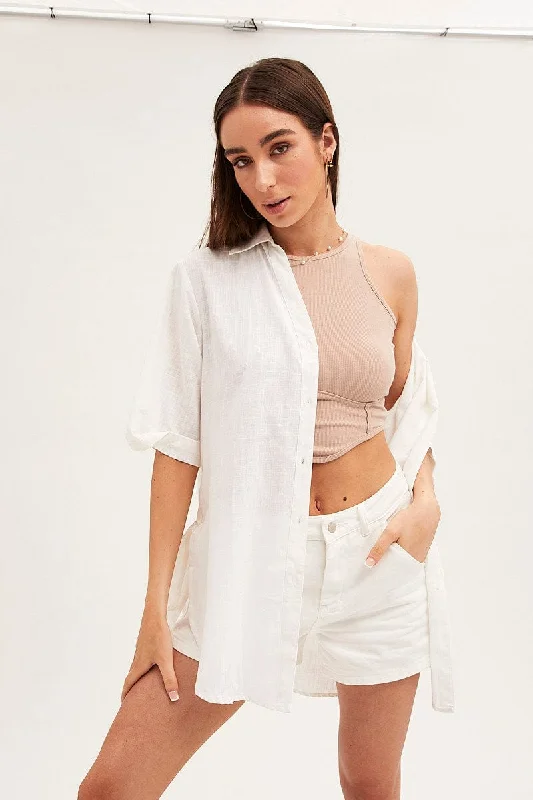 White Long Line Roll Sleeve Collared Button Front Shirt-- Satin Blend Silk Blend Wool Blend White Long Line Roll Sleeve Collared Button Front Shirt-- Satin Blend Silk Blend Wool Blend
