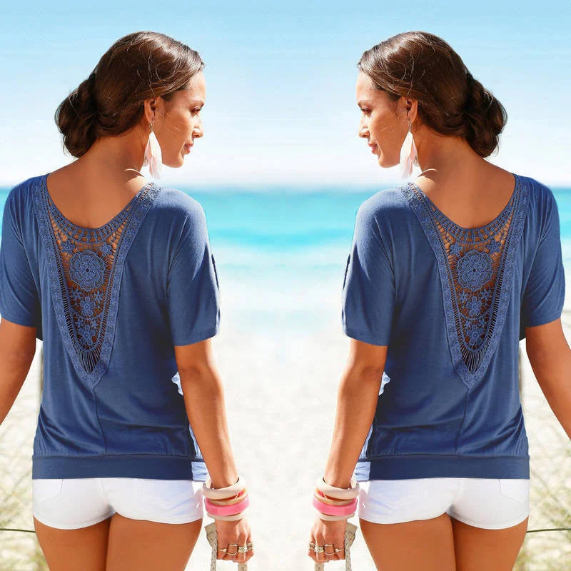 T shirts Women Lace Short Sleeve Casual Tops Fashion Hollow Womens Tops Shirt Plus Size-- Collared T-Shirt Boat Neck A-Line