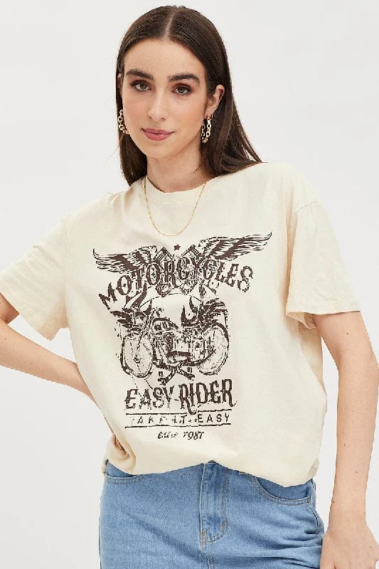 Beige Graphic T Shirt Short Sleeve-- Striped Floral Plaid