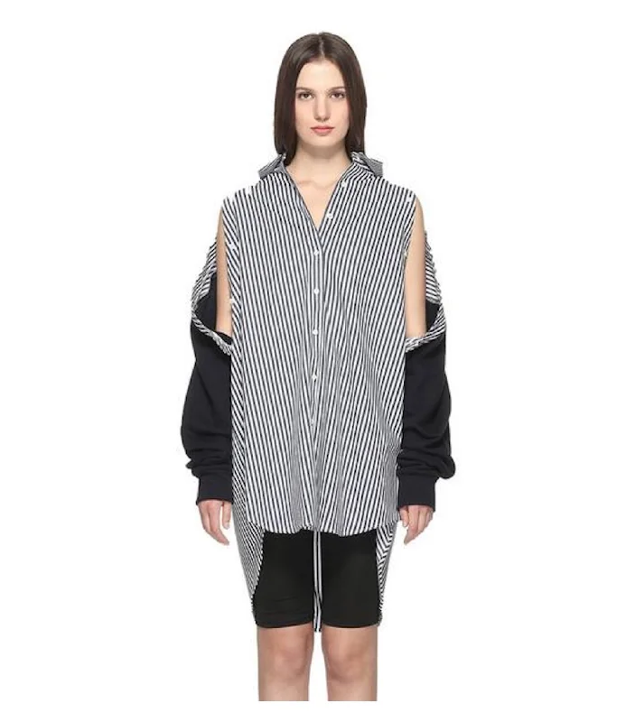 Striped Patch Open Shoulder Shirt-- Modern Contemporary Chic