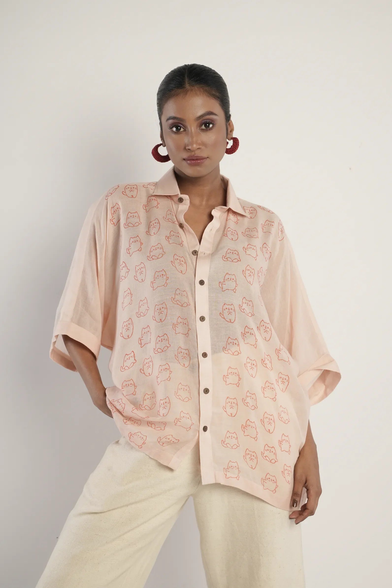 Sunset at Cat Island Handloom Bamboo Button Down Shirt Peach-- Hooded Caped Shawl Collar