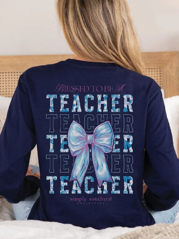 Simply Southern Blessed To Be A Teacher Long Sleeve Shirt-- Sequined Glittery Shiny