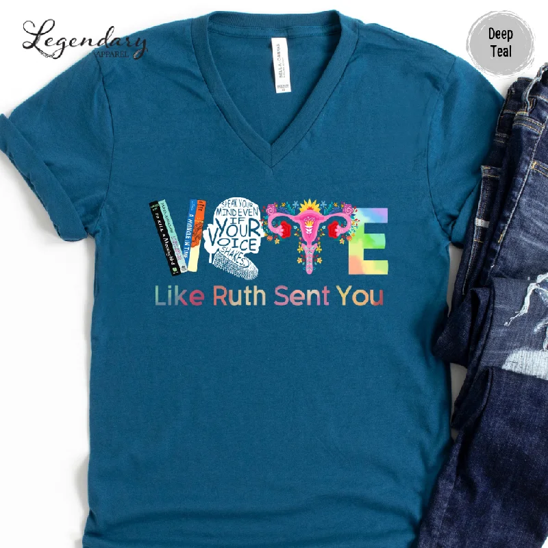 Vote Like Ruth Sent You V-Neck Tee Shirt-- Chenille Brocade Lace