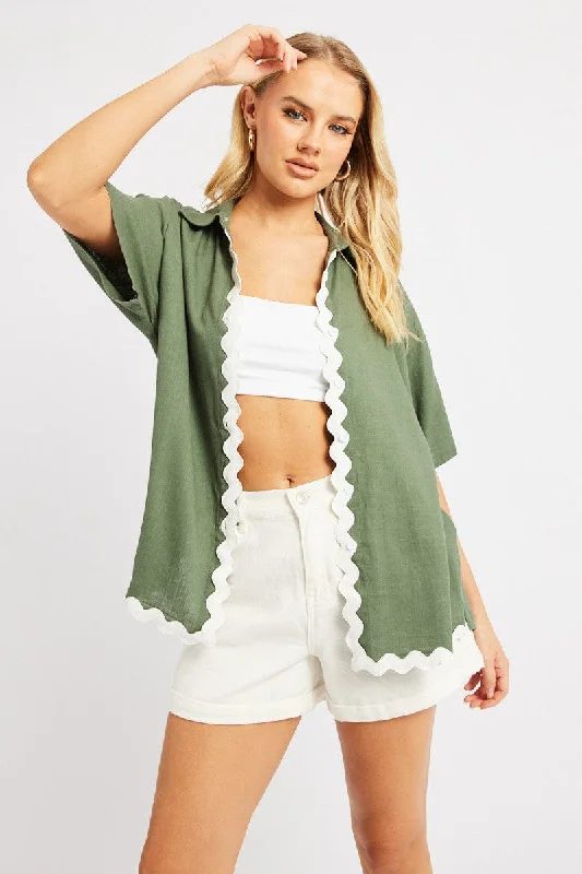 Green Relaxed Shirt Short Sleeve Ric Rac-- Graphic T-Shirt Round Neck Polyester