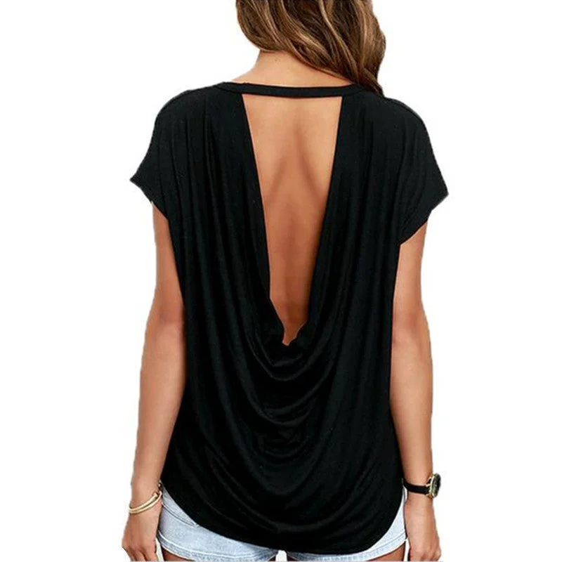 Open Back Casual short Sleeve T Shirt Style Women Clothing Casual Backless O-neck Tops Tees-- Silk Blend Satin Velvet