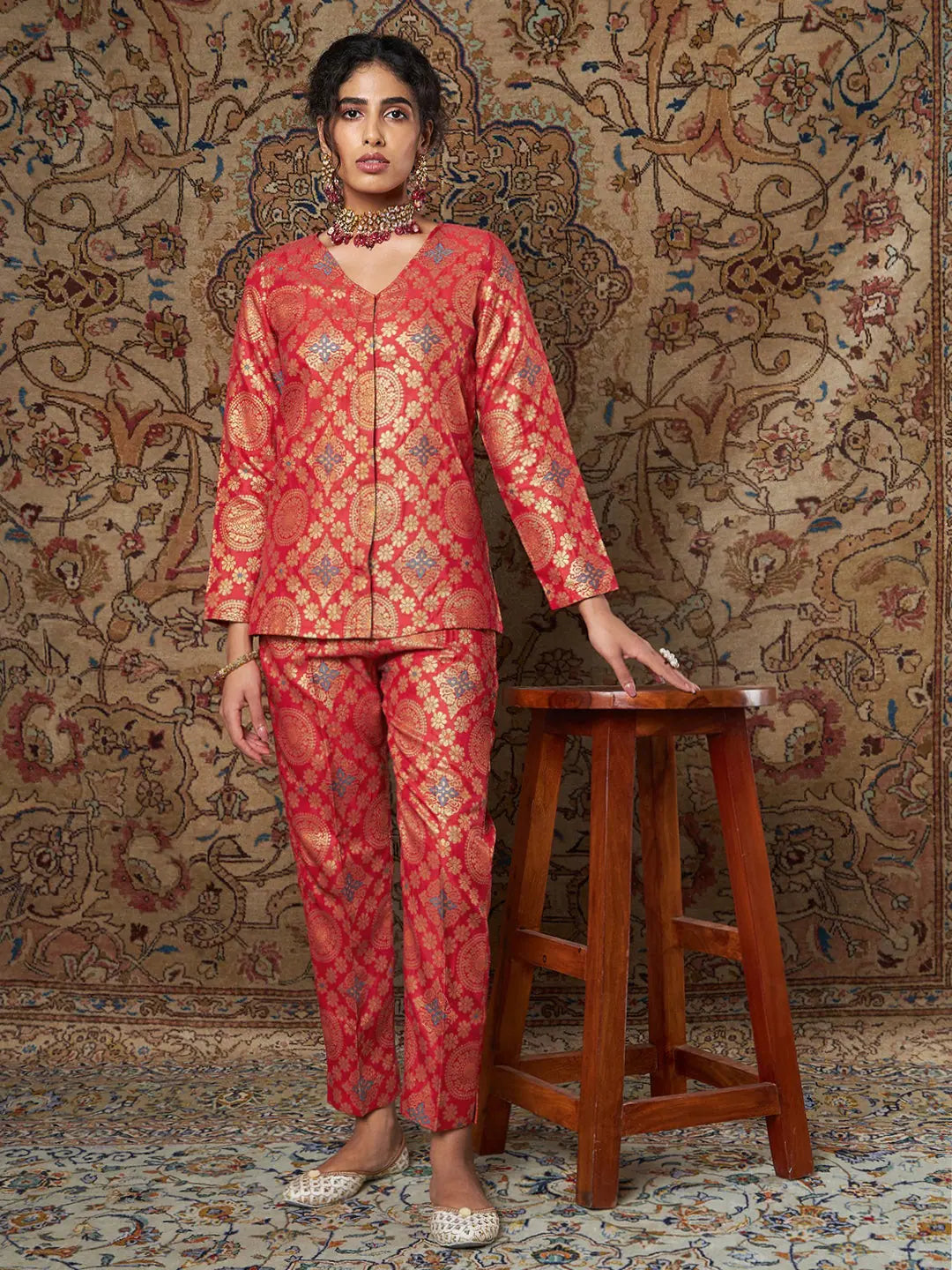 Women Red Large Indian Motif Brocade Shirt With Pants -- Basic T-Shirt Crew Neck Short Sleeve Women Red Large Indian Motif Brocade Shirt With Pants -- Basic T-Shirt Crew Neck Short Sleeve