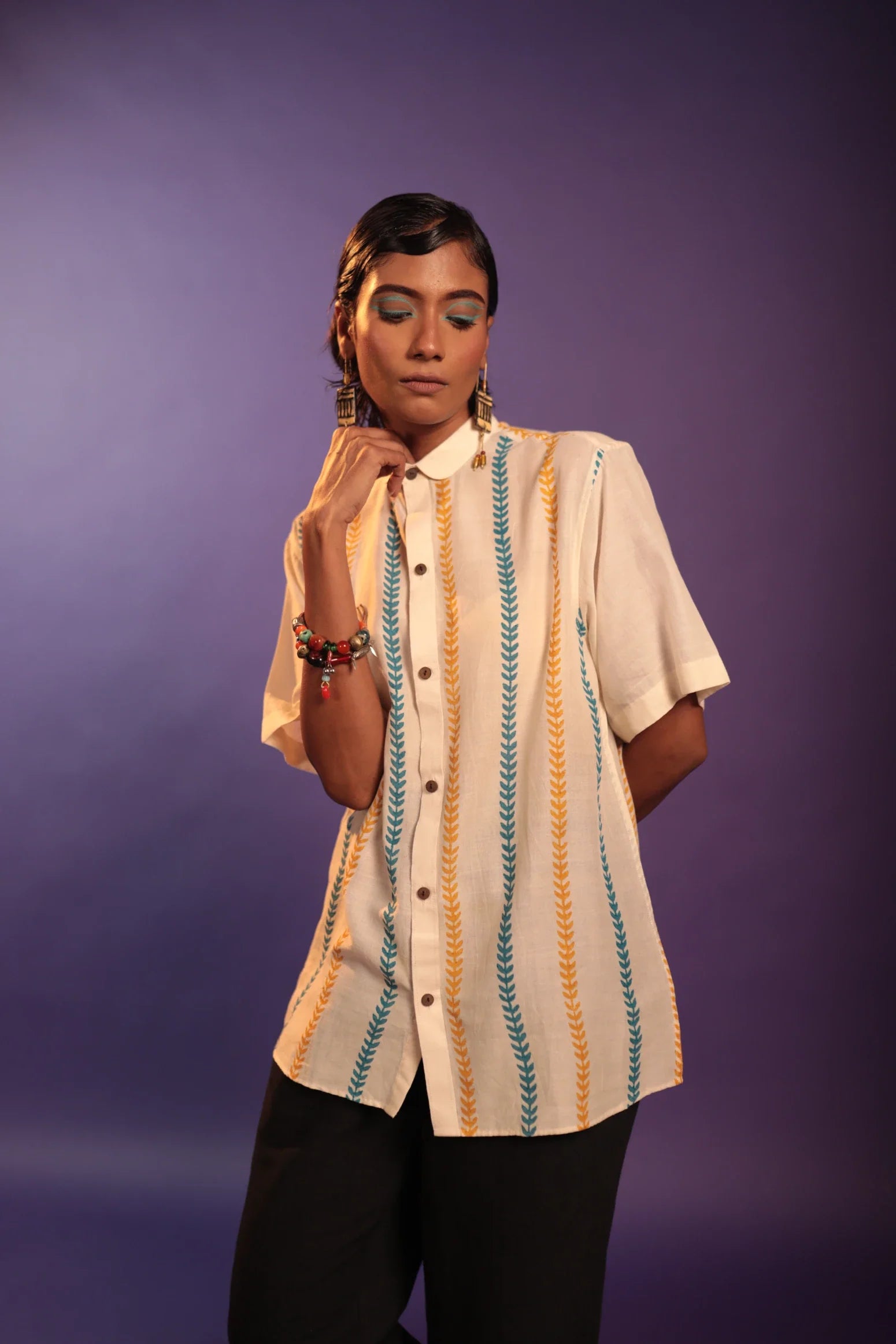 Tropical Fern Handloom Organic Cotton Shirt-- Print Jacquard Patchwork