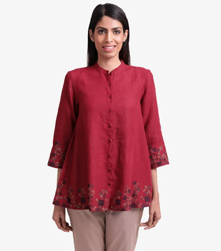 Maroon embroidered cotton linen shirt-- Lace Blend Ribbed Blend Corduroy Blend