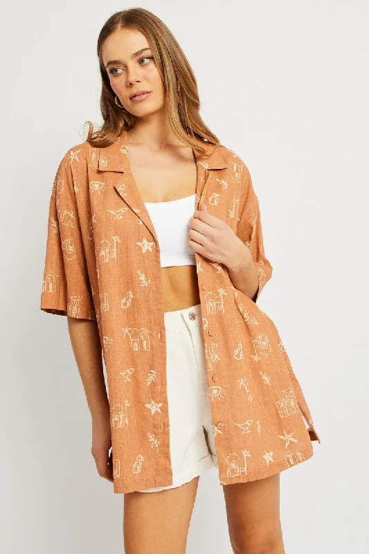 Brown Abstract Relaxed Shirt Short Sleeve-- Boxy Fit Fitted Loose