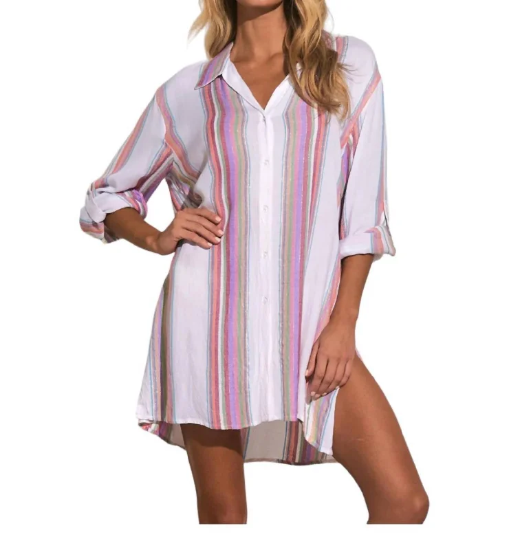 Bermuda Boyfriend Cover Up Shirt In Multi Stripe-- Graphic T-Shirt Round Neck Polyester