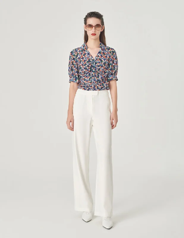 MARYLING V-Neck Shirt Silk Printed Top-- Front Pockets Side Pockets Patch Pockets