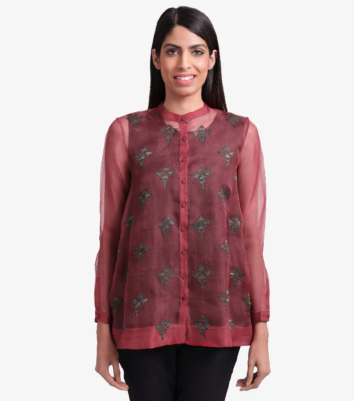 Maroon Embroidered Organza Shirt-- Chenille Blend Fleece Blend Nylon Blend