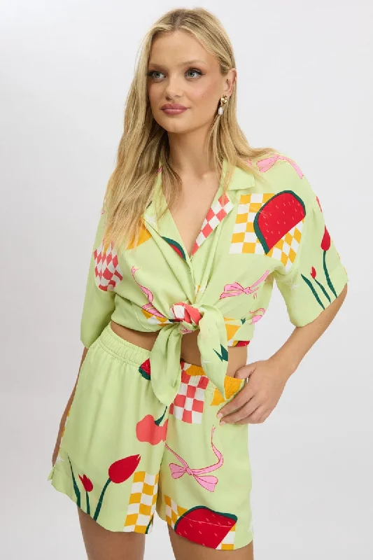 Green Abstract Relaxed Shirt Short Sleeve-- Lace Blend Ribbed Blend Corduroy Blend