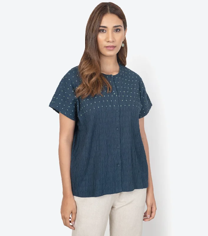 Navy Cotton Smocked Shirt-- Boxy Fit Fitted Loose
