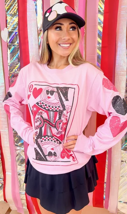 Queen of Hearts Valentine Graphic Long Sleeve T-Shirt-- Spandex Blend Rayon Blend Denim Blend Queen of Hearts Valentine Graphic Long Sleeve T-Shirt-- Spandex Blend Rayon Blend Denim Blend