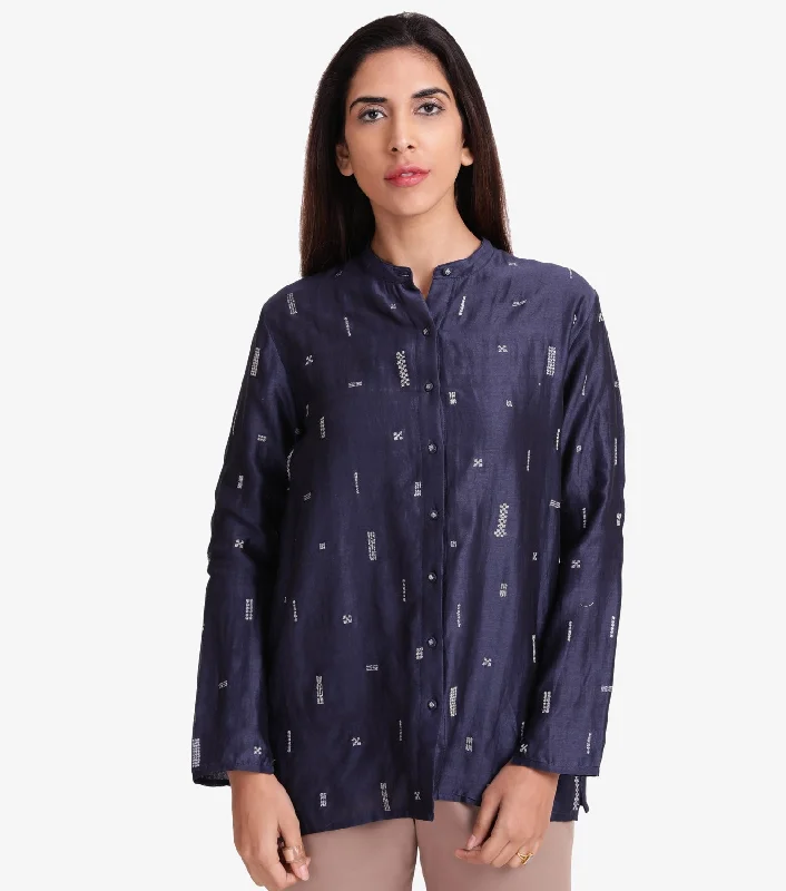 Blue chanderi embroidered shirt-- Notch Collar Peter Pan Collar Cowl Neck