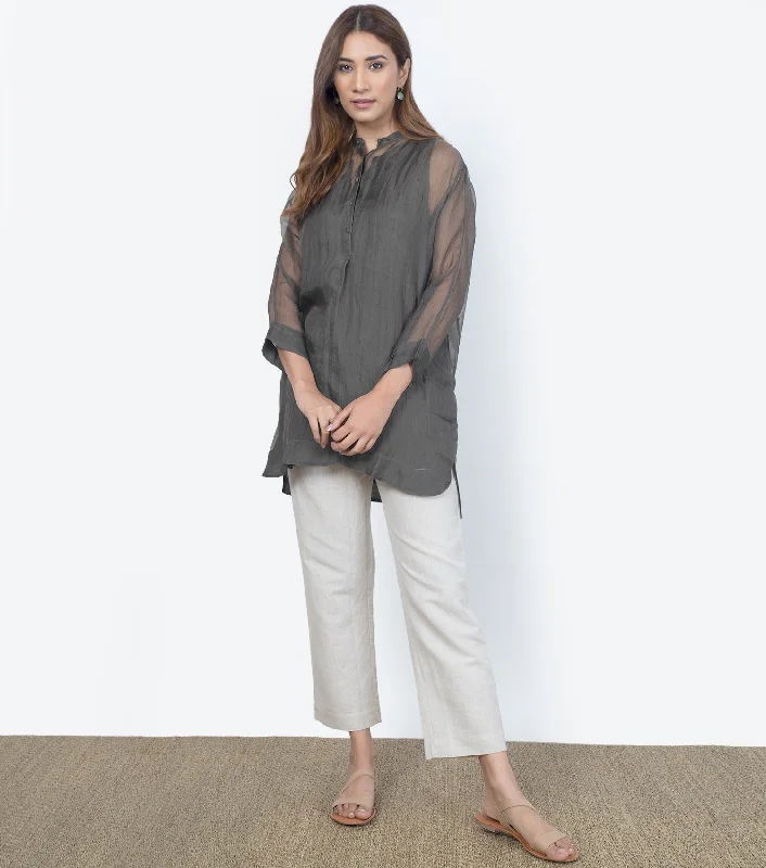 Grey Sheer Organza Shirt-- Mesh Canvas Denim