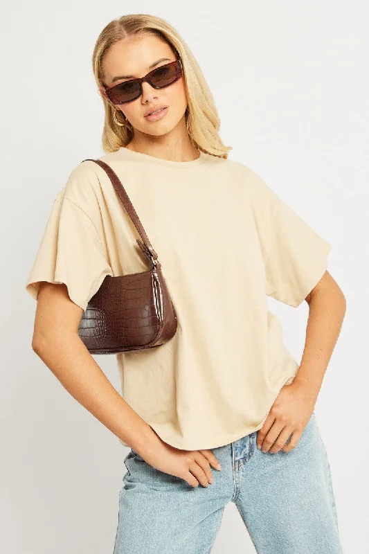 Beige Oversized T Shirt Short Sleeve Crew Neck-- Mesh Blend Leather Blend Suede Blend Beige Oversized T Shirt Short Sleeve Crew Neck-- Mesh Blend Leather Blend Suede Blend