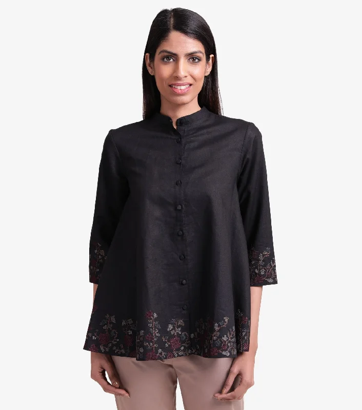 Black embroidered cotton linen shirt-- Mesh Blend Leather Blend Suede Blend