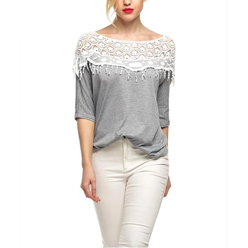 Women Hollow Lace Crochet Cape Collar Tops Batwing Sleeve Shirt O Neck Tops Tee Plus Size-- Oversized T-Shirt Spandex breathable Women Hollow Lace Crochet Cape Collar Tops Batwing Sleeve Shirt O Neck Tops Tee Plus Size-- Oversized T-Shirt Spandex breathable