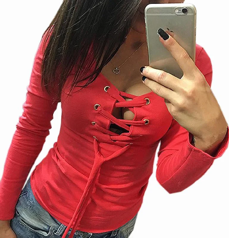 Bandage Lace Up Long-Sleeve Shirt Women Deep V T Shirts Female Tops 5 Colors LX068-- Beaded Sequined Faux Fur Bandage Lace Up Long-Sleeve Shirt Women Deep V T Shirts Female Tops 5 Colors LX068-- Beaded Sequined Faux Fur