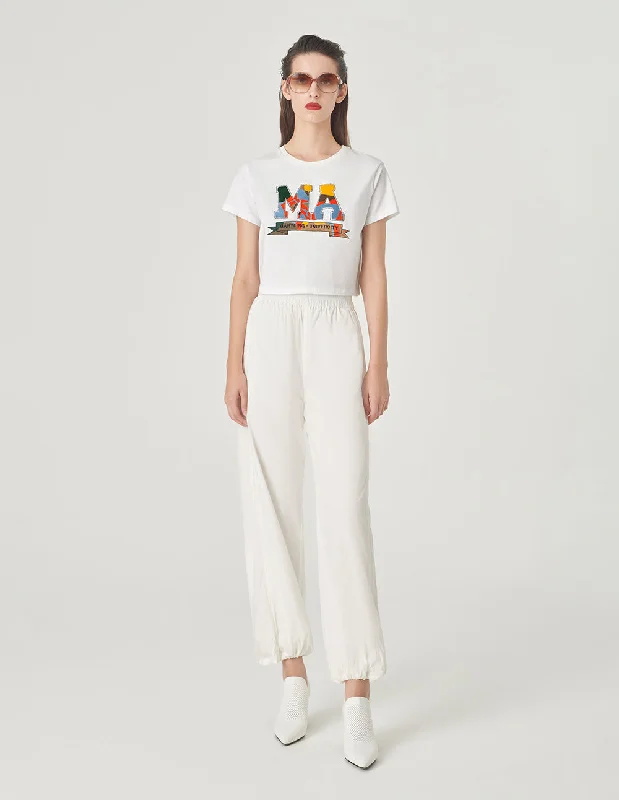 MARYLING White Embroidered Short T-Shirt-- Notch Collar Peter Pan Collar Cowl Neck