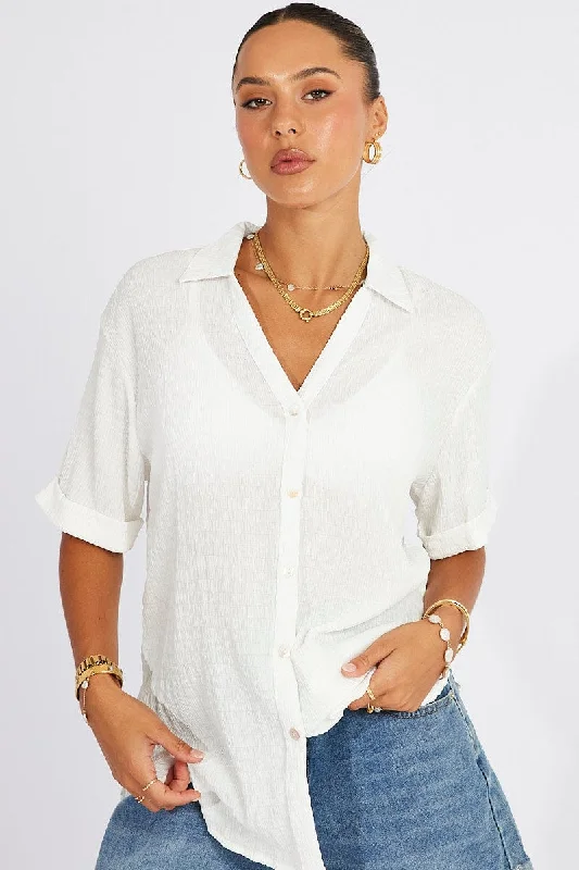 White Textured Shirt Short Sleeve-- Anti-Shrink Durable Soft