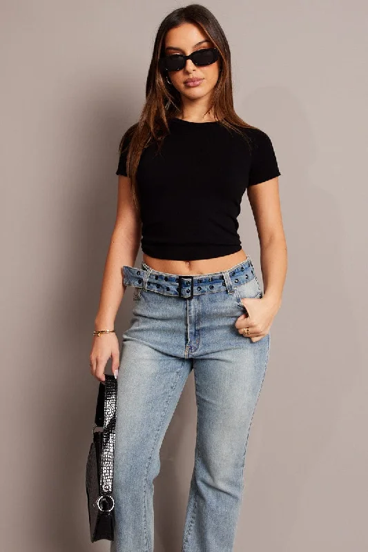 Black T Shirt Short Sleeve Crew Neck Seamless-- Beaded Sequined Faux Fur