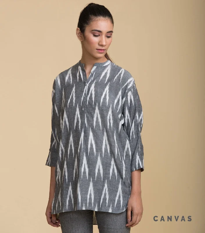 Grey ikat cotton shirt-- Front Pockets Side Pockets Patch Pockets