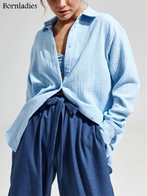 Bornladies 2023 Women's Spring Summer 100% Cotton Shirts Office Lady Fashionable Solid Lady Long Sleeve Loose Tops Crepe Shirts-- Anti-Shrink Durable Soft Bornladies 2023 Women's Spring Summer 100% Cotton Shirts Office Lady Fashionable Solid Lady Long Sleeve Loose Tops Crepe Shirts-- Anti-Shrink Durable Soft