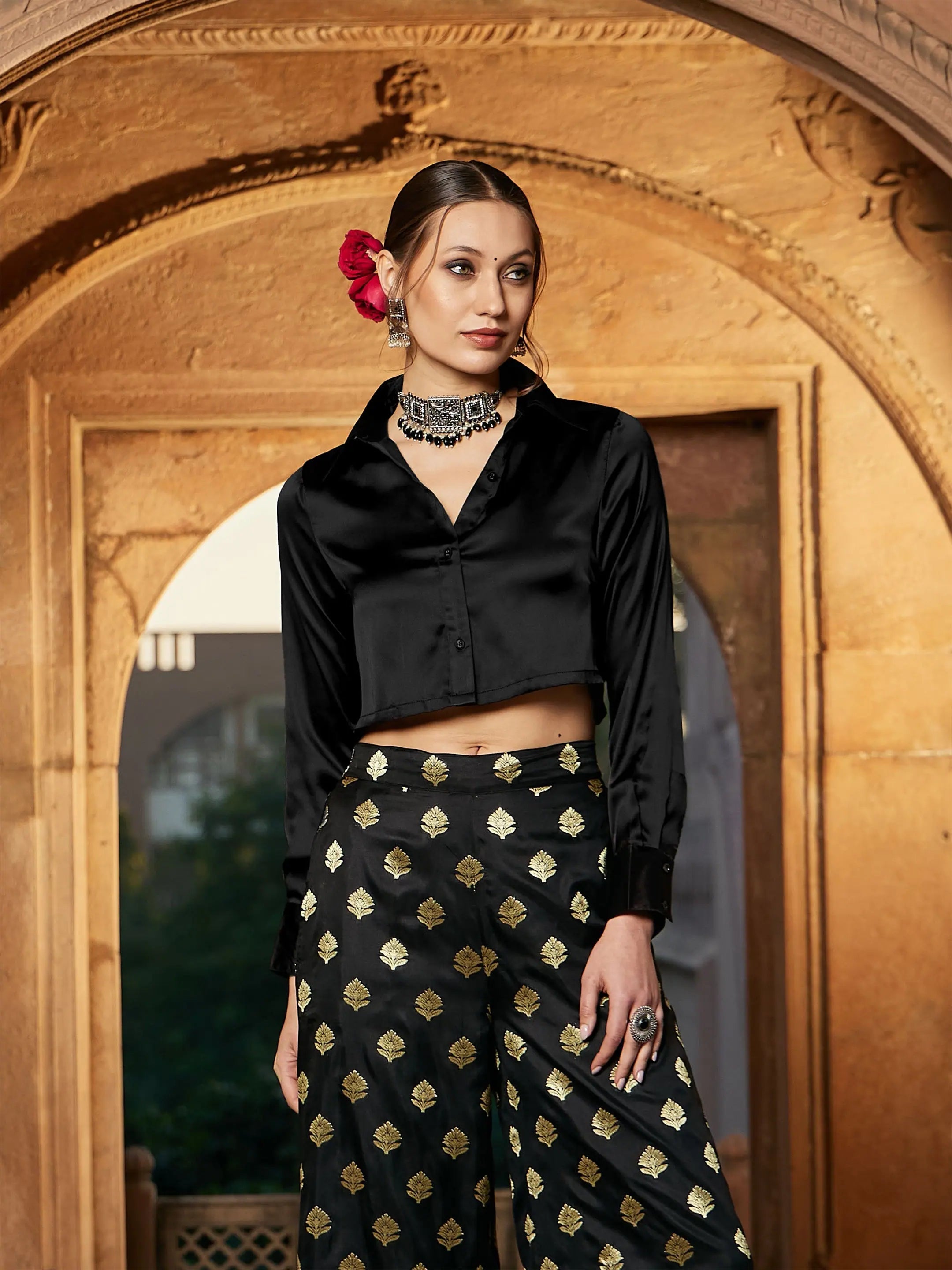 Women Black Satin Crop Shirt-- Print Jacquard Patchwork