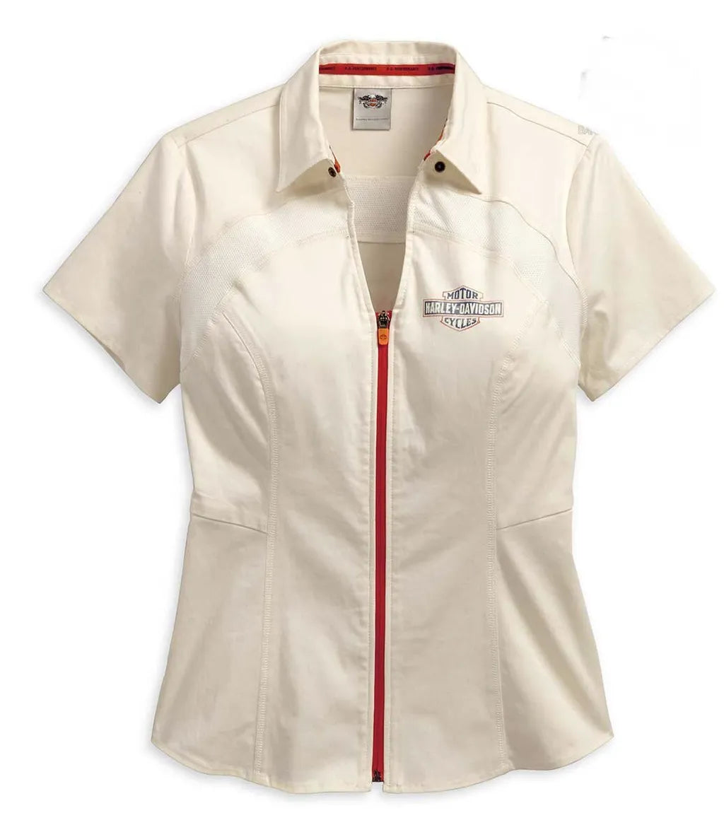 Harley Davidson Women's Performance Fast-Dry Trademark Zip Front Grey Woven Shirt-- Modern Contemporary Chic Harley Davidson Women's Performance Fast-Dry Trademark Zip Front Grey Woven Shirt-- Modern Contemporary Chic