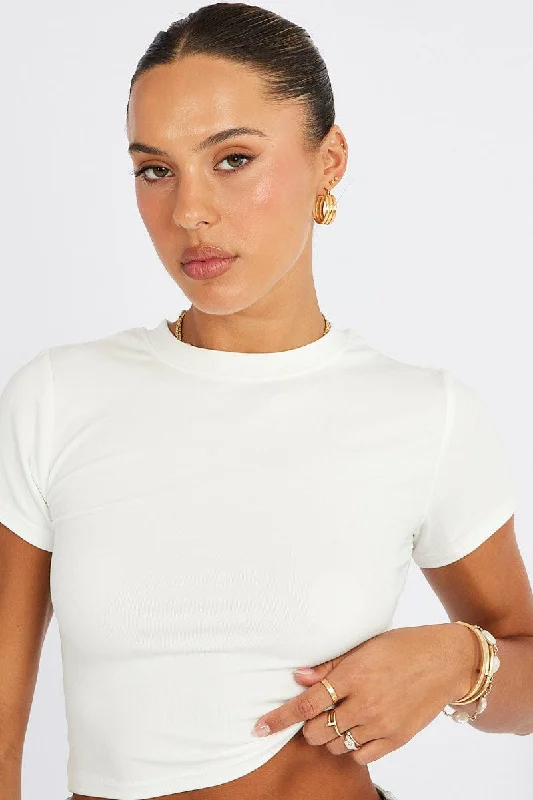 White T Shirt Short Sleeve Crew Neck-- Chenille Blend Fleece Blend Nylon Blend