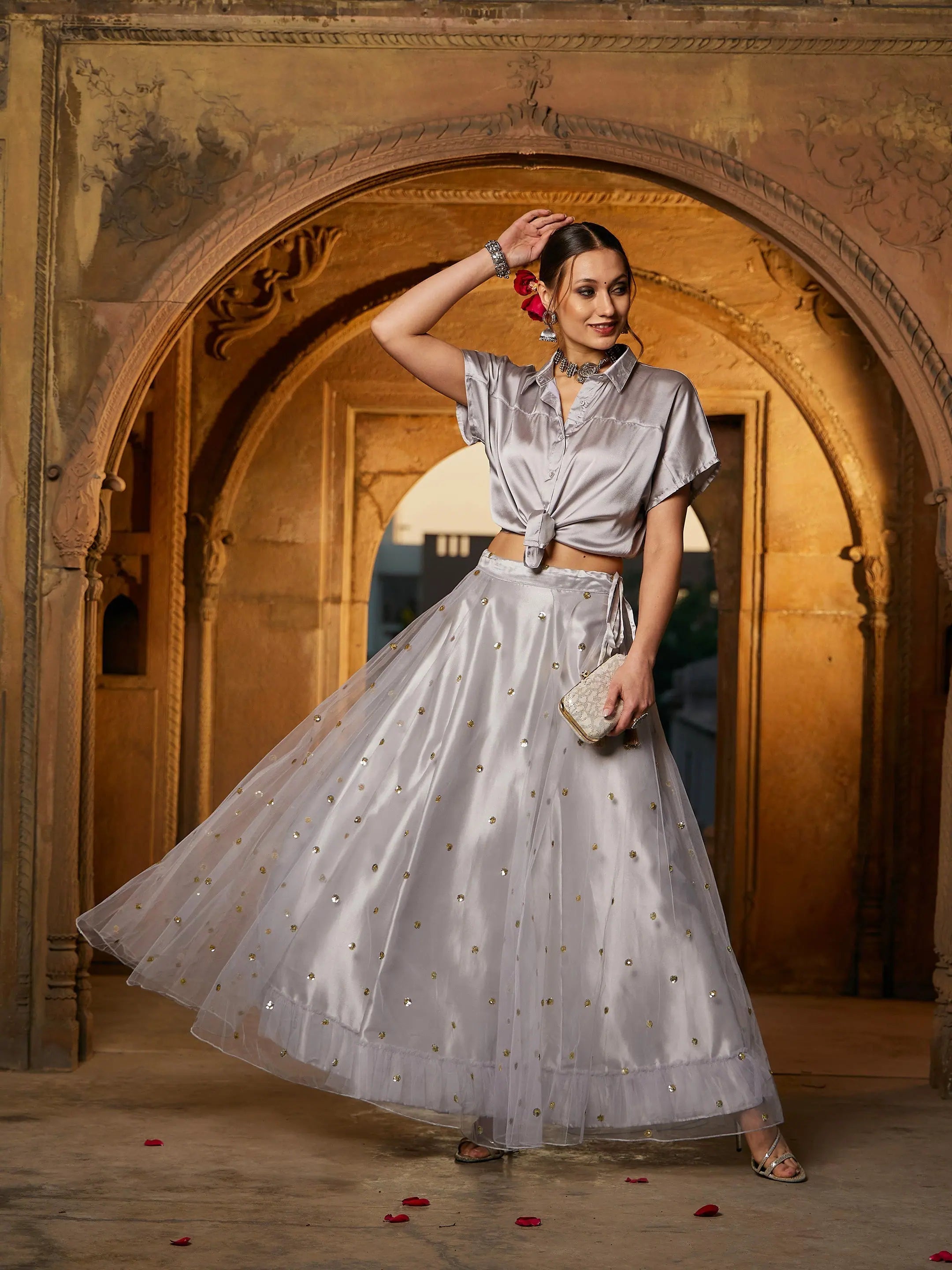 Women Grey Satin Crop Shirt With Tulle Sequin Skirt-- Welt Pockets Slit Pockets
