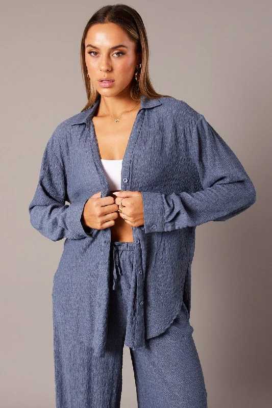 Blue Textured Shirt Long Sleeve-- Fitted T-Shirt Seamless Stretchy