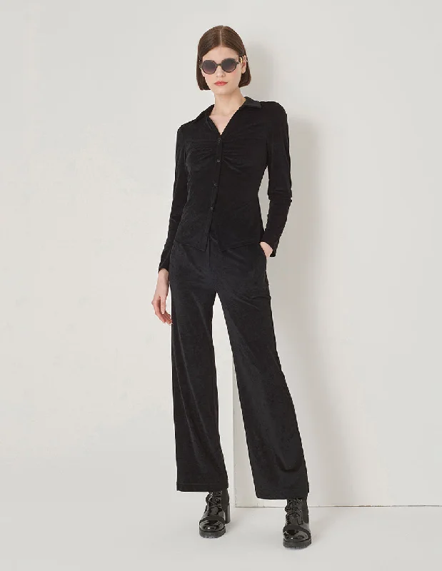 MARYLING Black Shirt V-Neck Pinched Pleated Top-- Rayon Fabric Velvet Fabric Corduroy Fabric MARYLING Black Shirt V-Neck Pinched Pleated Top-- Rayon Fabric Velvet Fabric Corduroy Fabric