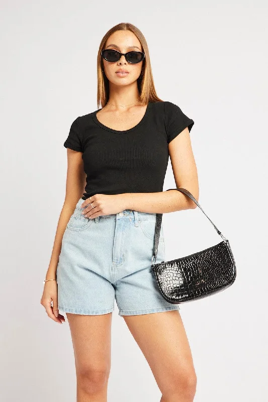 Black T Shirt Short Sleeve V Neck-- Layered Multi-layer Single Layer